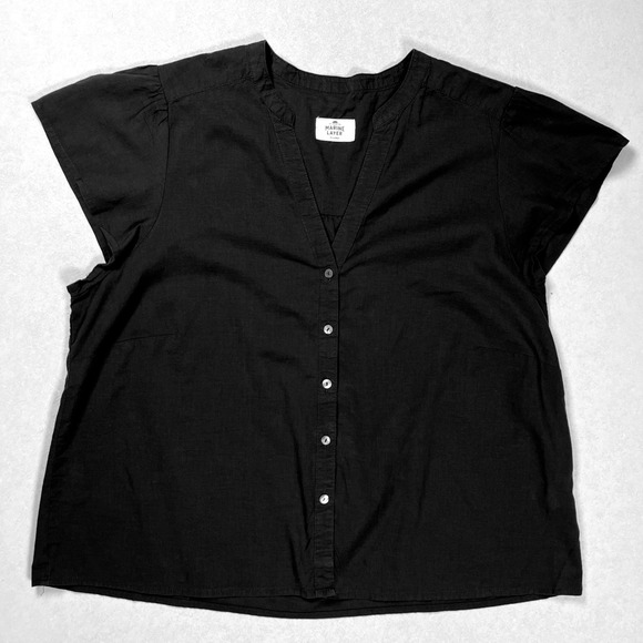 Marine Layer Tops - Marine Layer Button Down Top Women XL Black Cap Sleeve V-Neck Casual Blouse